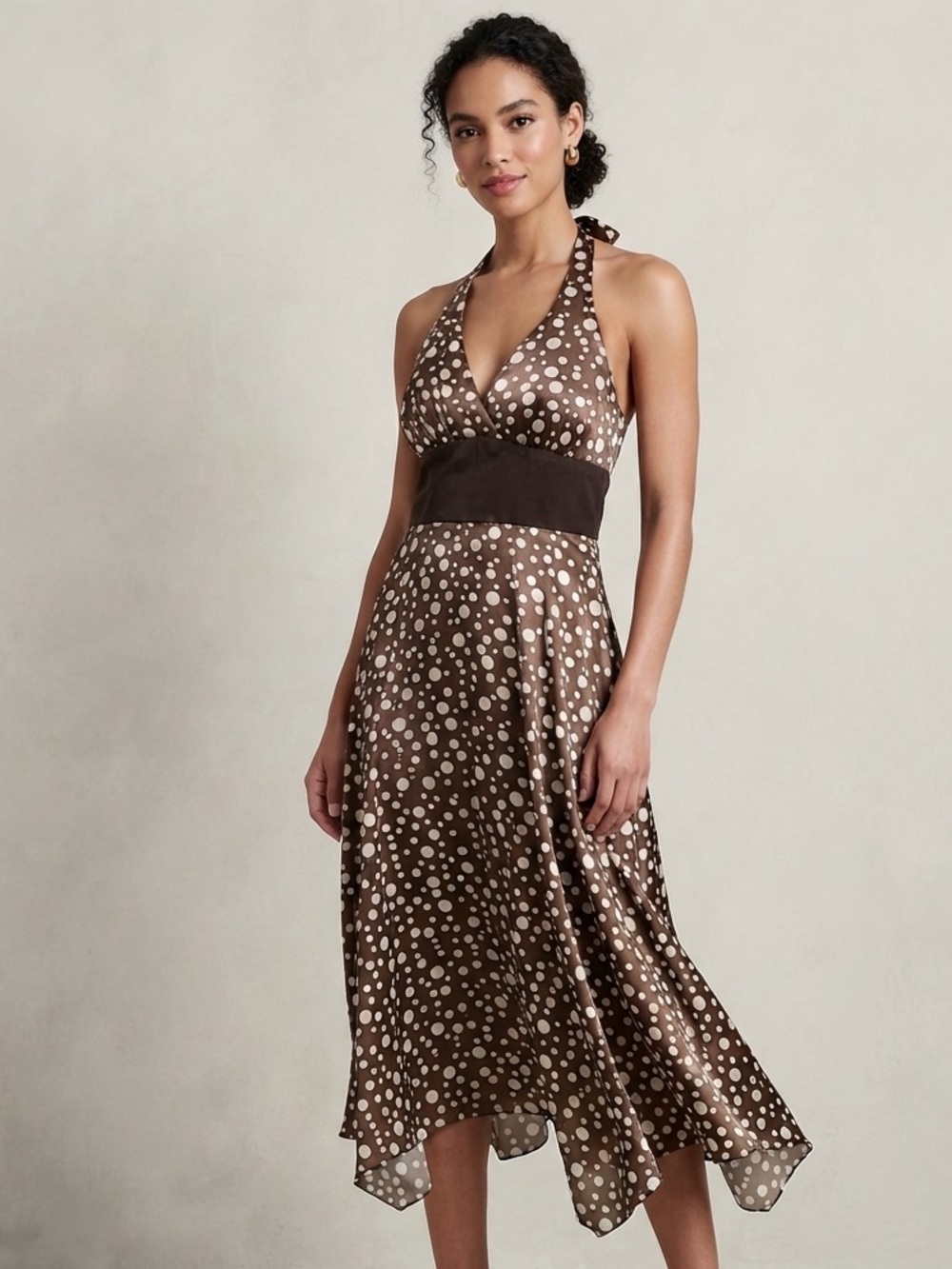 Y2K Kopa Polka Dot Halter Neck Knee Length Long Mini Dress in Brown Size XS
